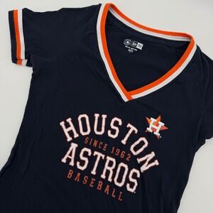New Era Houston Astros Baseball V Neck T Shirt Womens Small Navy Orange White